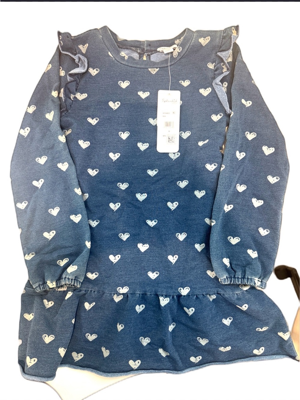 Splendid Navy & White Heart-Print Ruffle Long-Sleeve Dress